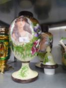 A PAIR OF VICTORIAN WHITE OPAQUE GLASS OVULAR PEDESTAL VASES, THE FRONTS DECORATED WITH PORTRAITS OF