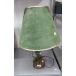 GOOD QUALITY ART DECO FORM COPPER AND BRASS TABLE LAMP, INCORPORATING THE GREEN ENAMELLED FIGURE