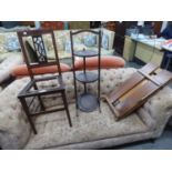 EDWARDIAN  MAHOGANY 3-TIER FOLDING CAKE STAND (A.F.), MAHOGANY INLAID BEDROOM CHAIR (NO SEAT) AND