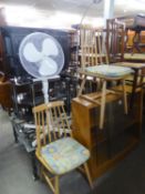 A PAIR OF COMB BACK KITCHEN CHAIRS AND A FLOOR STANDING ELECTRIC FAN