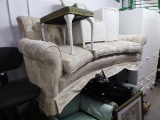 GOOD QUALITY MODERN THREE SEATER SETTEE WITH CONCAVE FRONT, feather cushions and deep buttoned back,