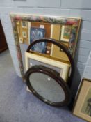 AN ARCH TOPPED SHAPED WALL MIRROR, A FLORAL DECORATED WALL MIRROR AND 3 OTHER WALL MIRRORS