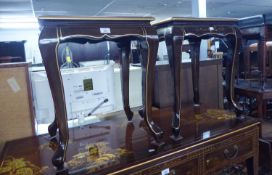 A PAIR OF MATCHING SMALL CHINESE LACQUERED SIDE TABLES HAVING PICTORIAL DECORATION TO THE TOP