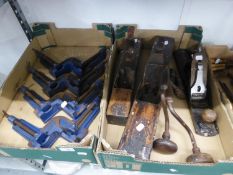 LARGE QUANTITY OF TOOLS VARIOUS TO INCLUDE; BOX OF CLAMPS, BOX OF CHISELS, DRILLS, TWO LARGE