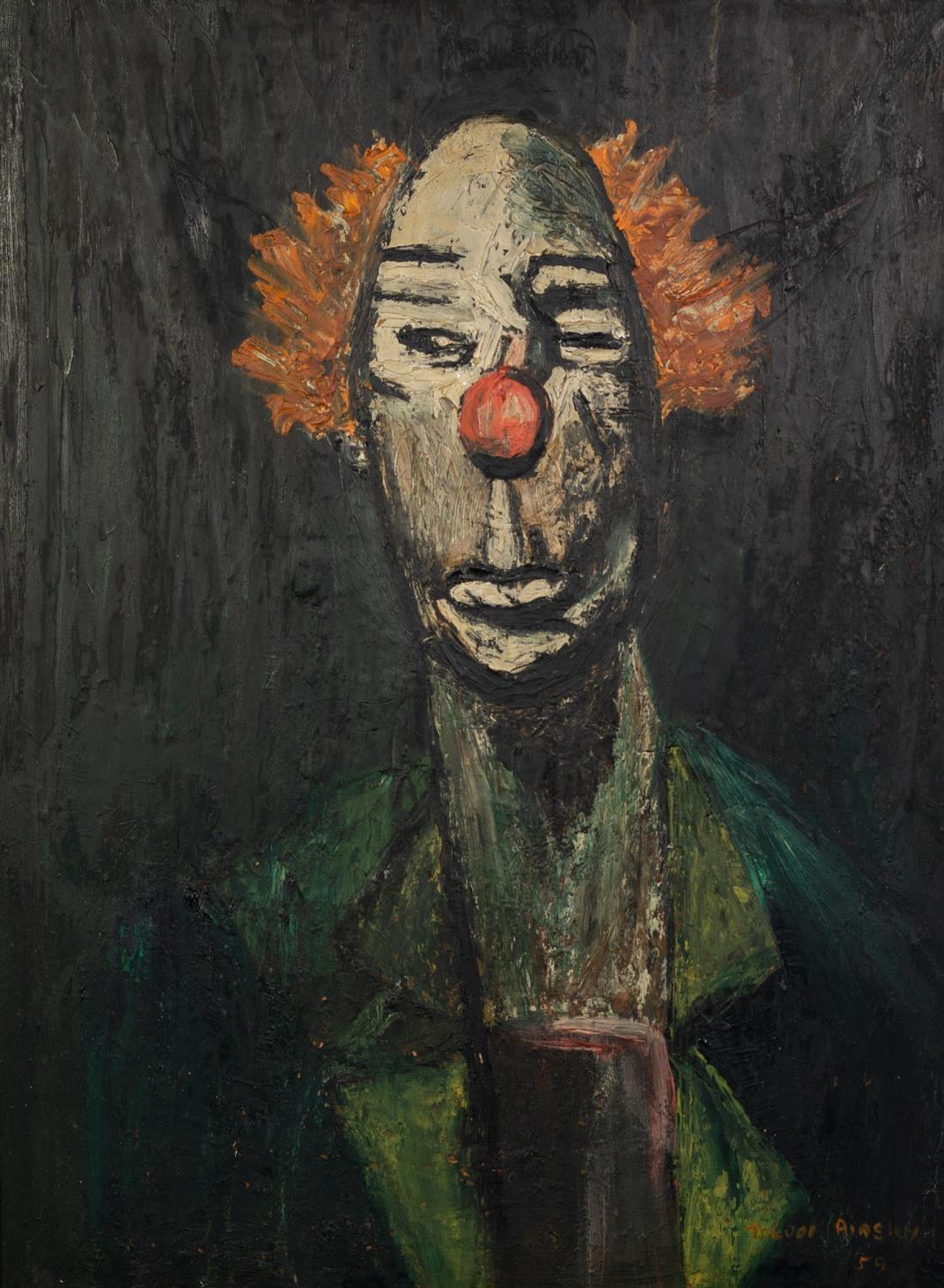 TREVOR AINSLEY (TWENTIETH CENTURY) OIL ON BOARD Bust length portrait of a clown Signed and dated (