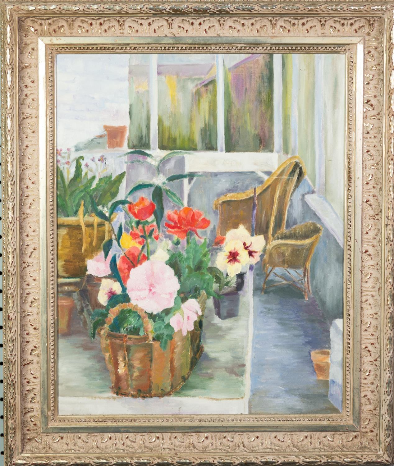 M. RINTLER (MODERN) OIL ON CANVAS A study of flowers in a basket on a terrace Signed on the - Image 2 of 2