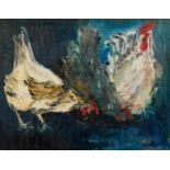 K.D. BAILEY (TWENTIETH/ TWENTY FIRST CENTURY) OIL ON BOARDThree chickens pecking at seed Signed