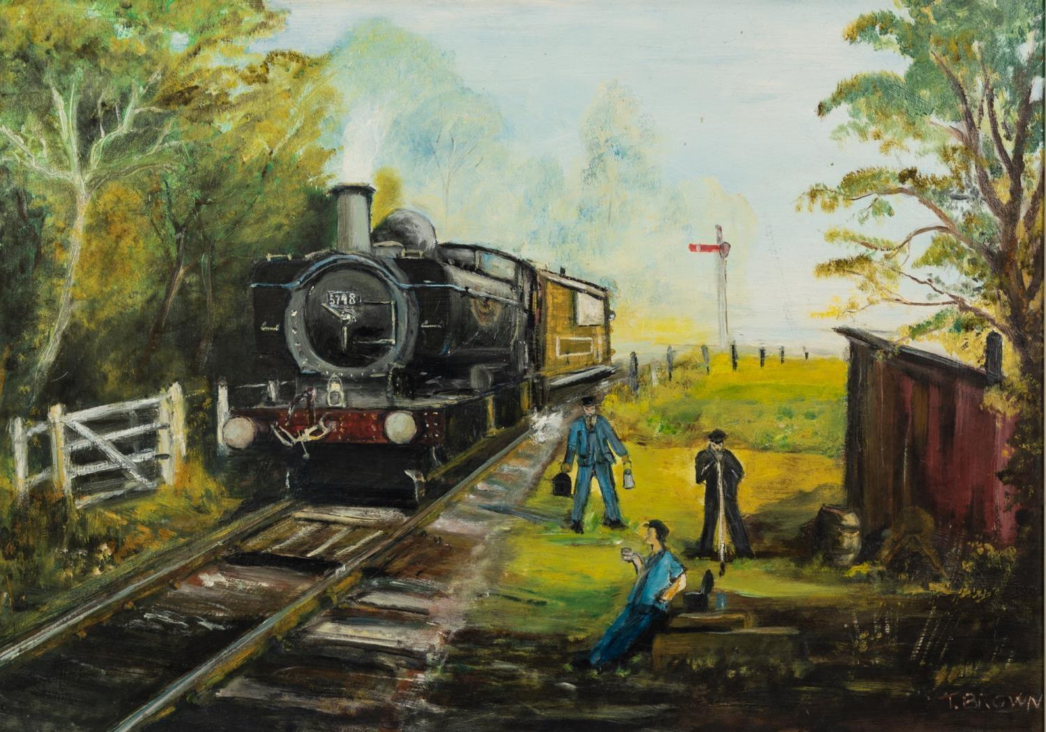 TOM BROWN (1933-2017) OIL ON BOARD Steam locomotive and crew Signed 19? x 26 ½? (48.2cm x 67.3cm)
