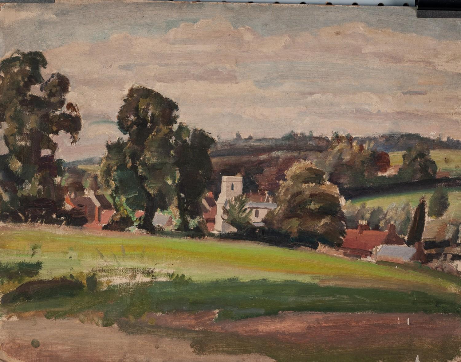 HARRY RUTHERFORD (1903 - 1983) OIL PAINTING ON DALER BOARD View of Mottram village and church 14in x - Image 2 of 2
