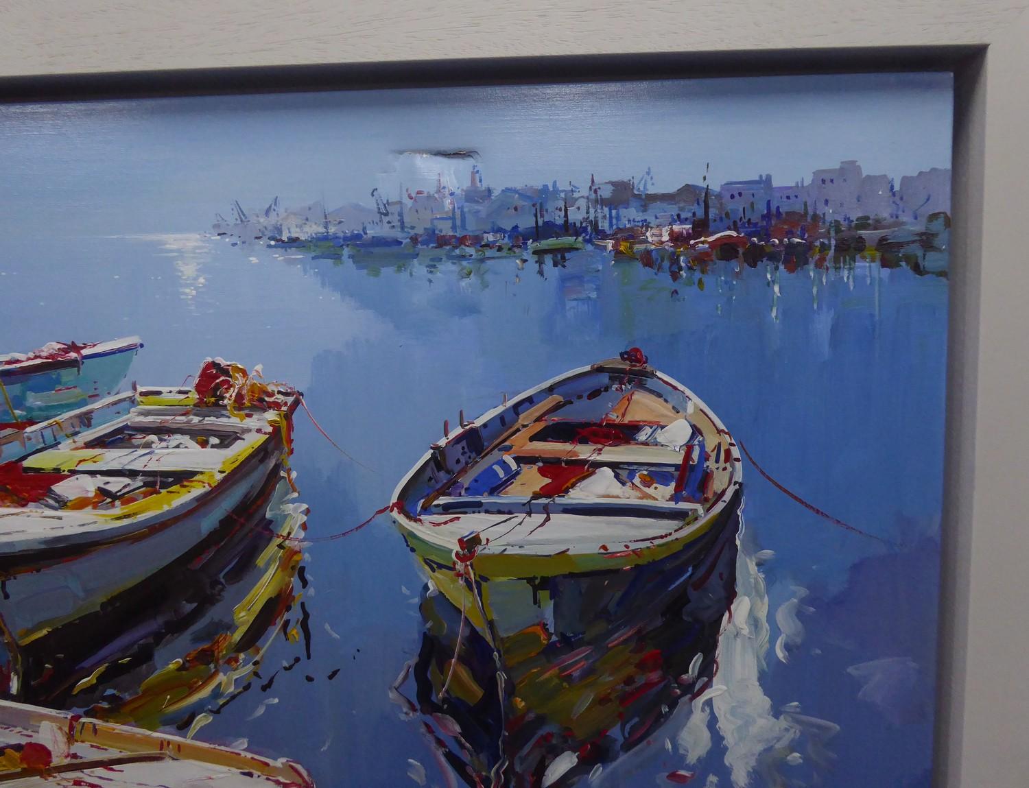 FRANCISCO SANTANA (MODERN) OIL ON CANVAS?Harbour Life VI? Signed, titled to gallery label verso - Image 2 of 3