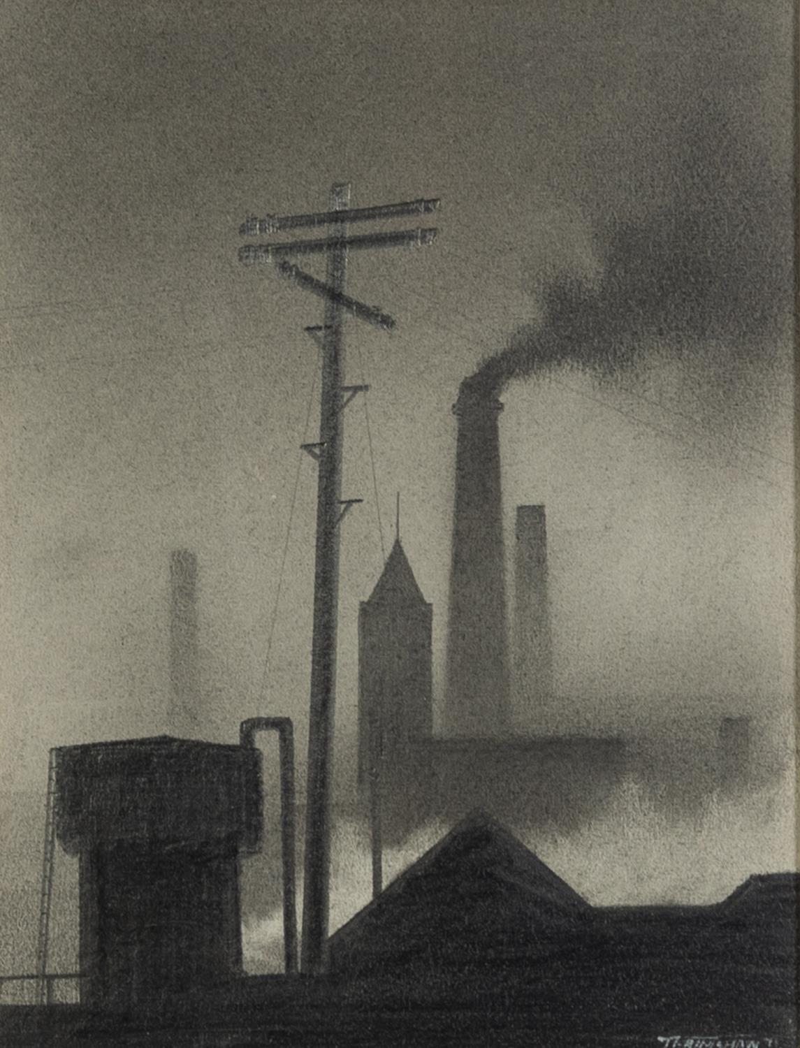 †TREVOR GRIMSHAW (1947-2001) PENCIL DRAWING?Industrial Scene with Telegraph Pole? Signed, signed