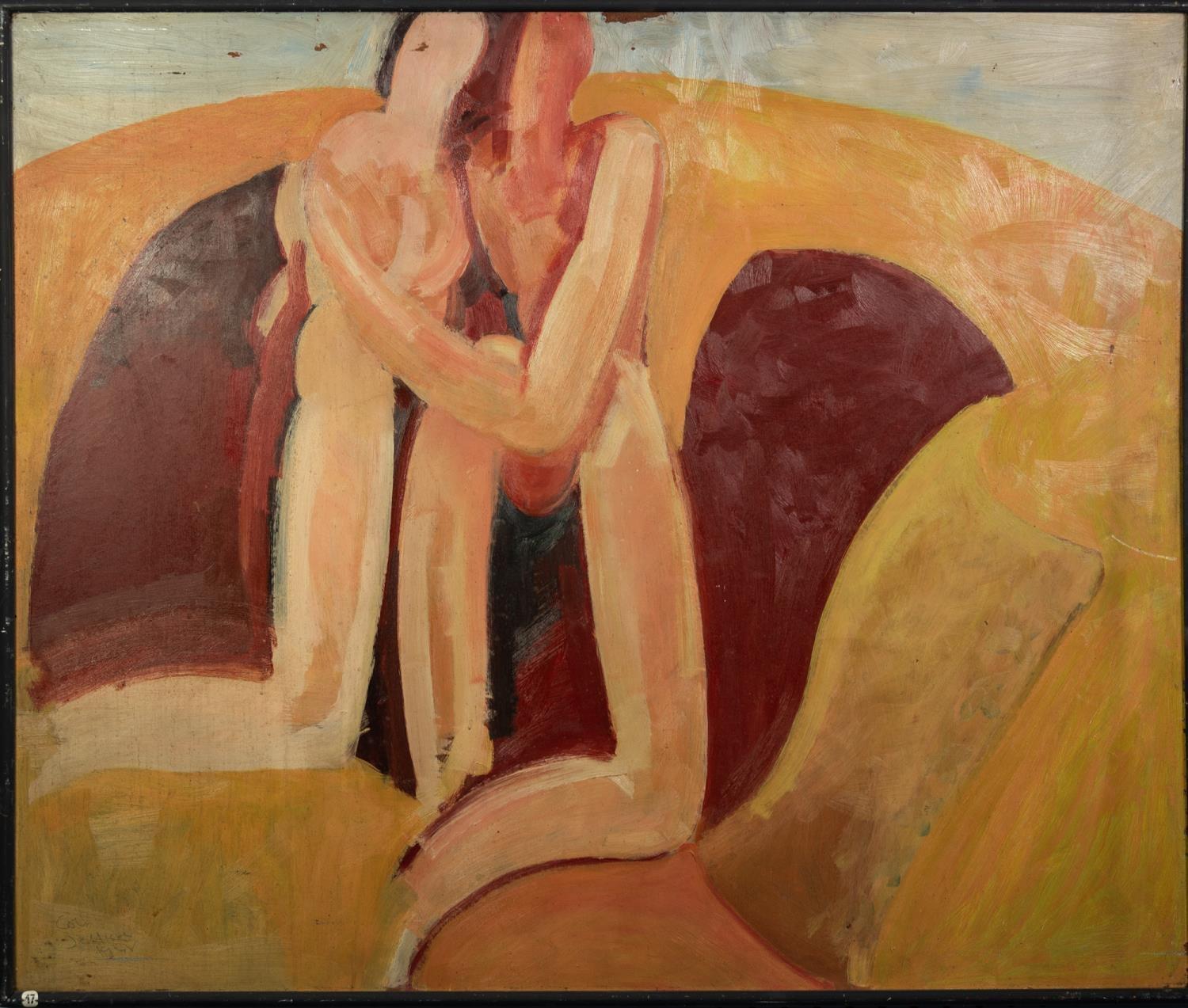 COLIN JELLICOE (1942-2018)OIL ON BOARD Semi- abstract- Naked lovers in a landscape Signed and - Image 2 of 2