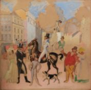 HARRY RUTHERFORD (1903 - 1985) WATERCOLOUR DRAWING Regency street scene with figures, dog, gentleman