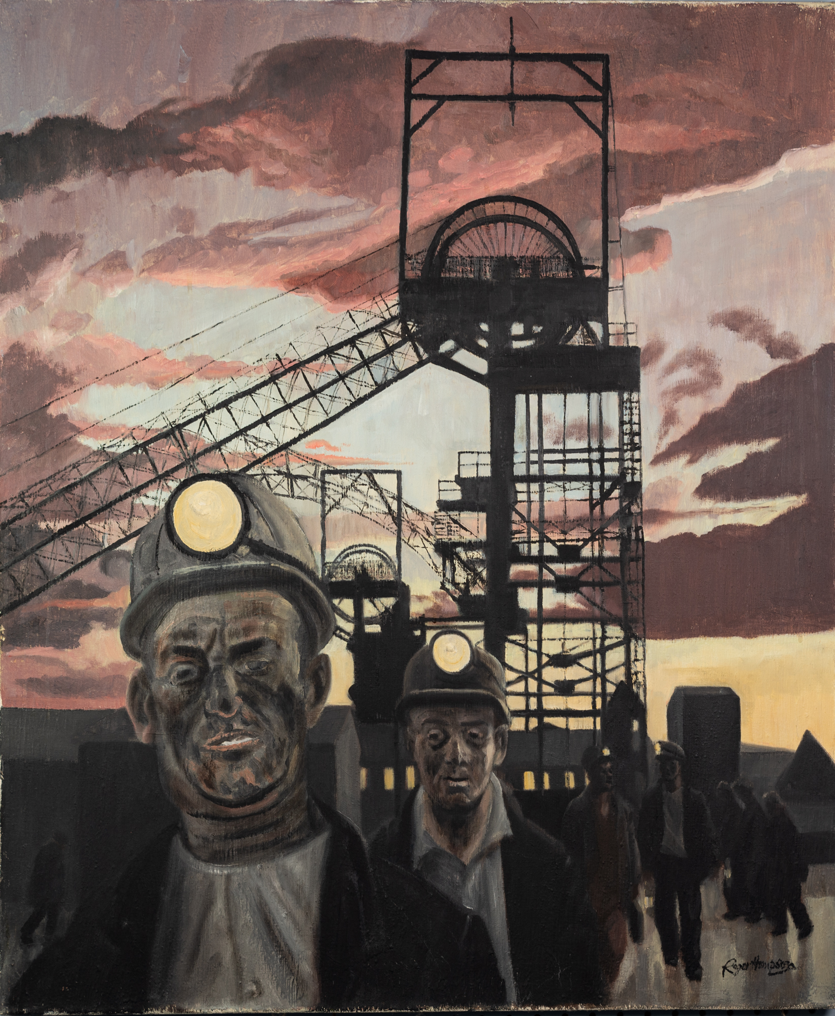 † ROGER HAMPSON (1925 - 1996) OIL PAINTING ON CANVAS Deep Navigation, coal miners coming off shift