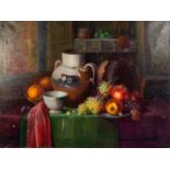 JOSÉ PEREZ COLLAR (1948) OIL PAINTING ON CANVAS Still Life with fruit and pots on a tableSigned