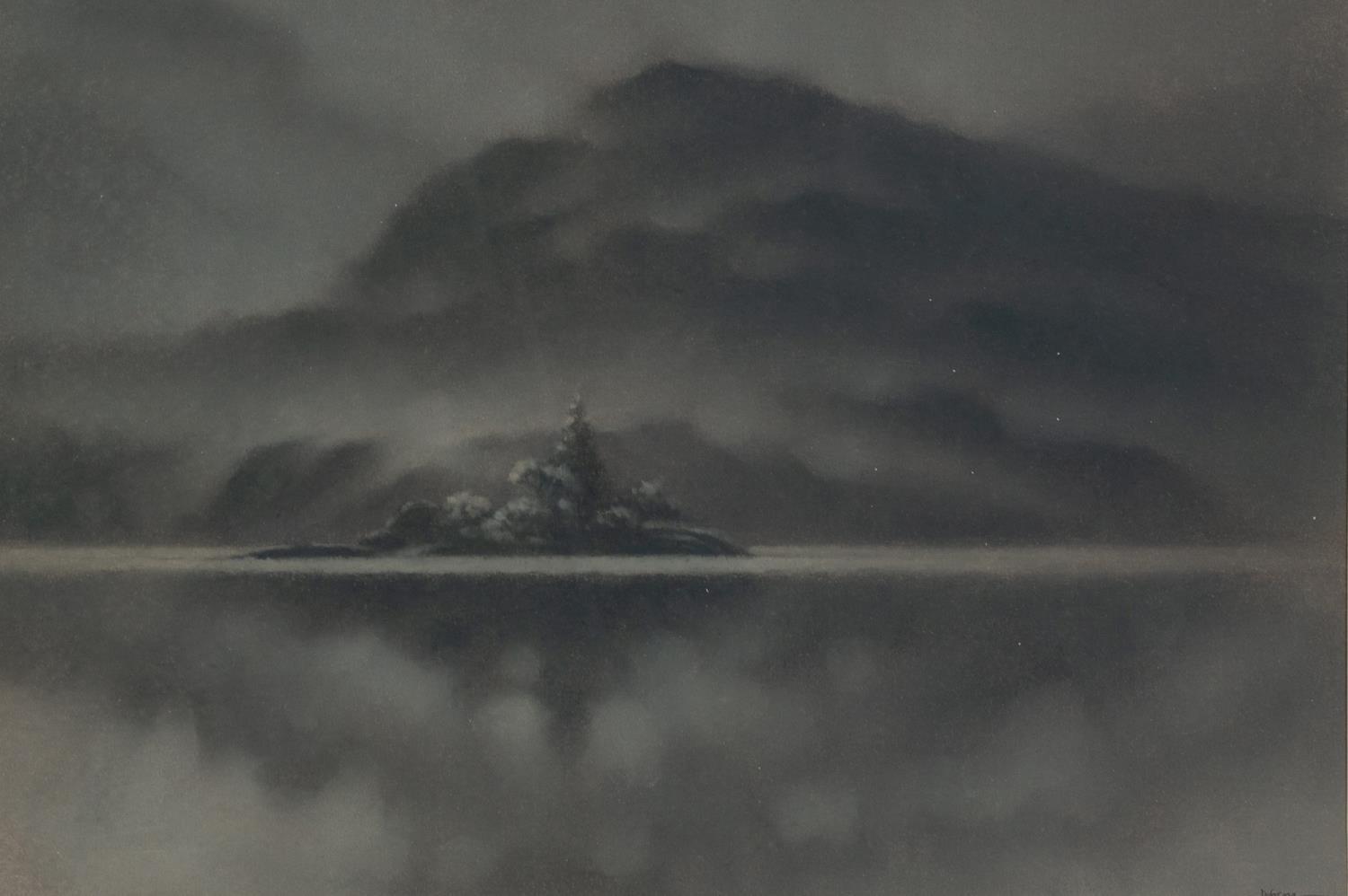 MARTIN DOBSON (b.1947) MONOCHROME PASTEL DRAWING, heightened in white ?Lake Island (Ullswater)?