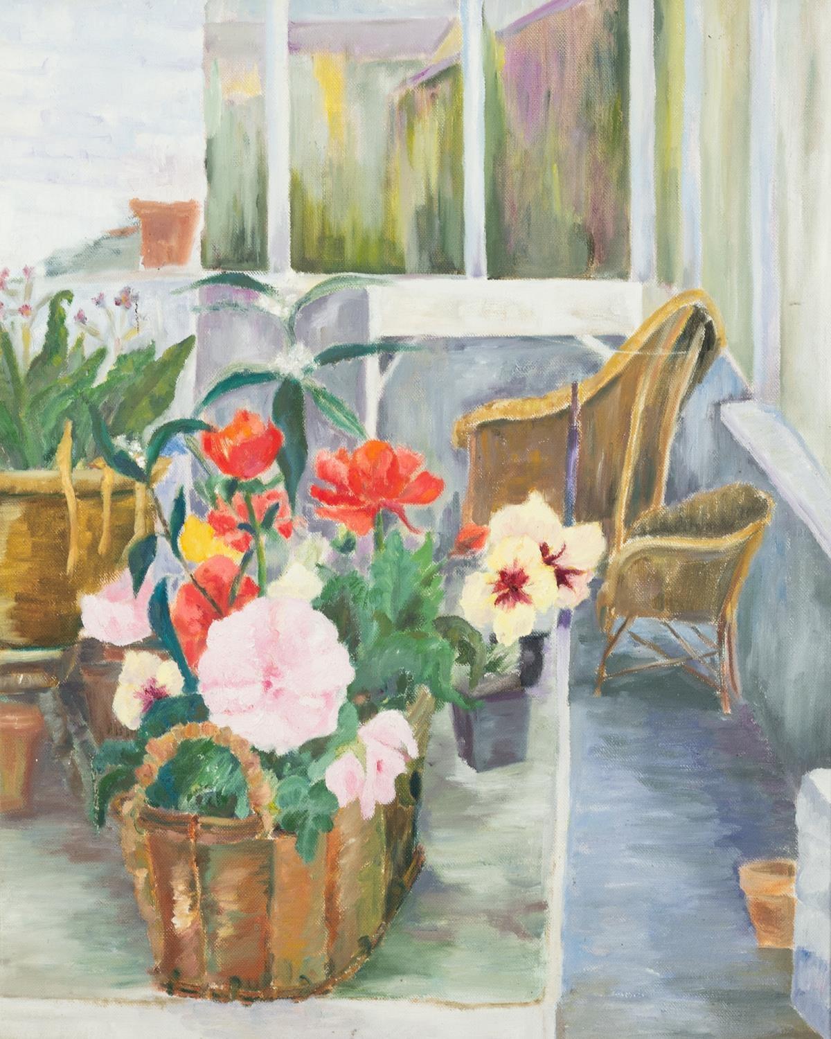 M. RINTLER (MODERN) OIL ON CANVAS A study of flowers in a basket on a terrace Signed on the