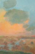 IRENE HALLIDAY (b.1931) GOUACHE DRAWING Sunset over a river landscape Signed 29? x 19? (73.7cm x