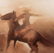 COLIN JELLICOE (1942-2018) OIL ON BOARD?Republic Rider? Signed and dated 1989, titled to label 11 ½?