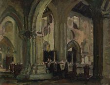 HAROLD RIDING (TWENTIETH CENTURY)OIL ON BOARD?Interior, Cartmel Priory? Signed, titled to label