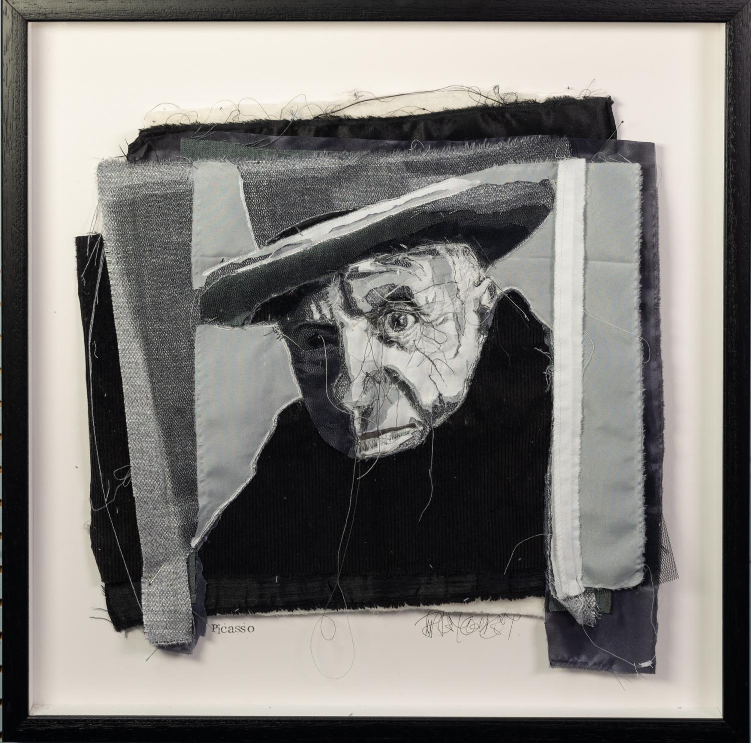 TRACEY COVERLEY (b.1970)FABRIC AND THREAD PORTRAIT ?Picasso? Signed and titled Framed and glazed 22? - Image 2 of 2