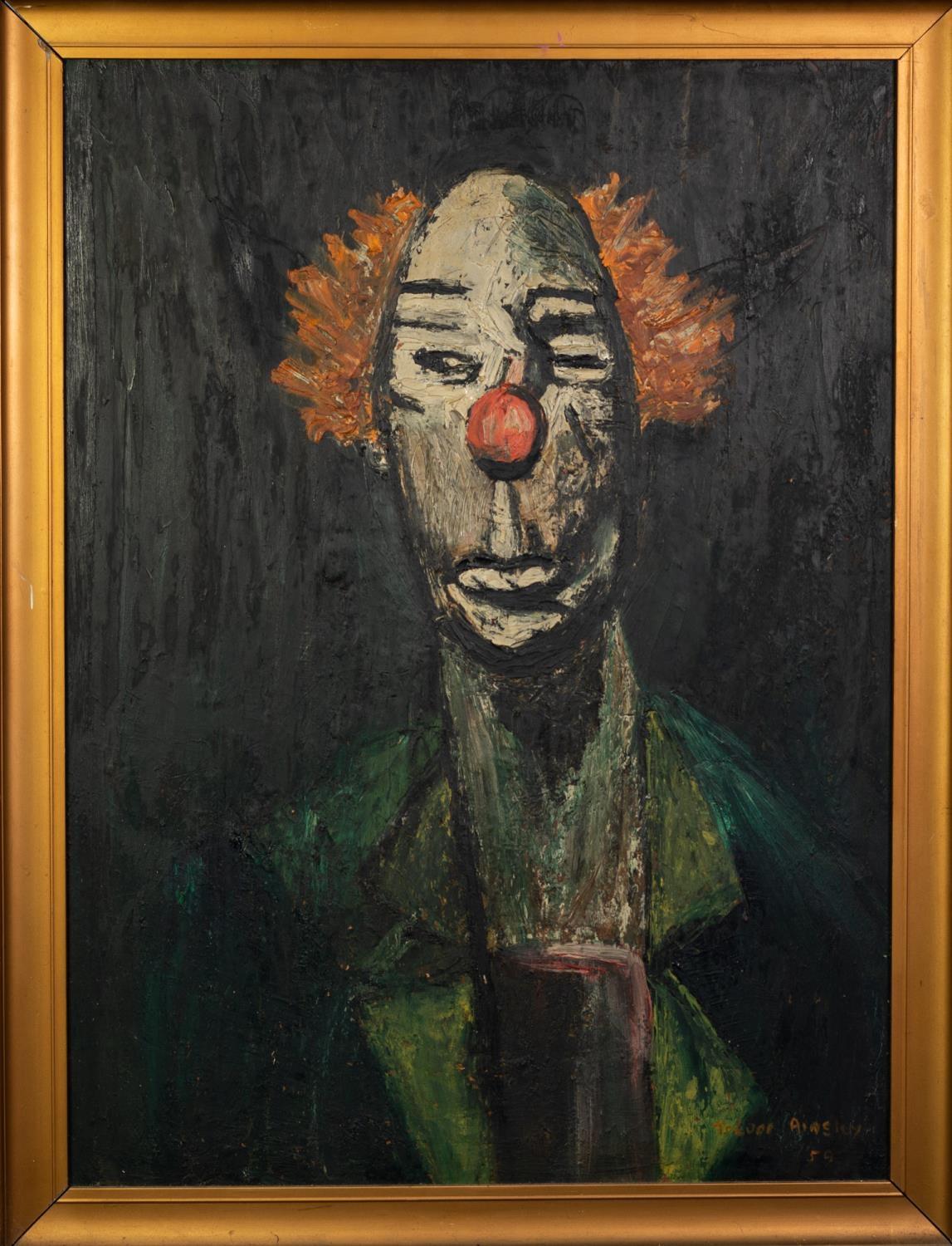 TREVOR AINSLEY (TWENTIETH CENTURY) OIL ON BOARD Bust length portrait of a clown Signed and dated ( - Image 2 of 2