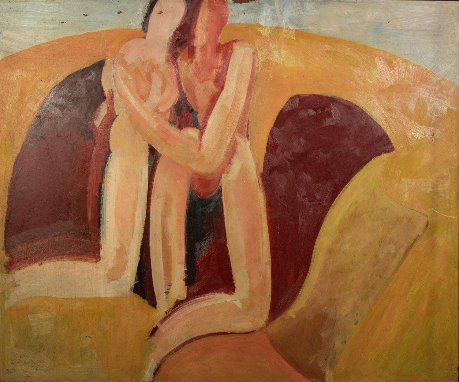 COLIN JELLICOE (1942-2018)OIL ON BOARD Semi- abstract- Naked lovers in a landscape Signed and