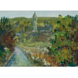 MARGATED GUMUCHIAN (1928 - 1999)GOUACHE DRAWING Leafy lane and church Signed 9 1/2 x 13 1/2in (24