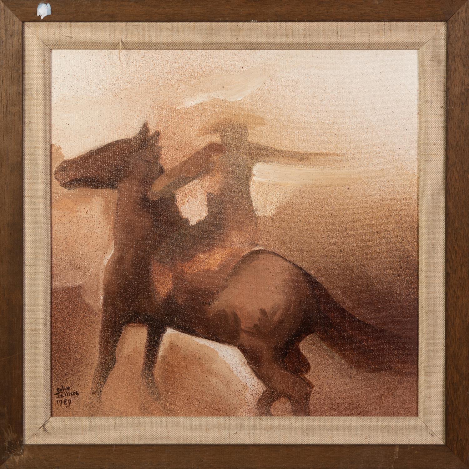 COLIN JELLICOE (1942-2018) OIL ON BOARD?Republic Rider? Signed and dated 1989, titled to label 11 ½? - Image 2 of 2