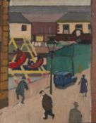 ATTRIBUTED TO HARRY RUTHERFORD (1903-1985) OIL ON BOARD Street scene with figures and children on
