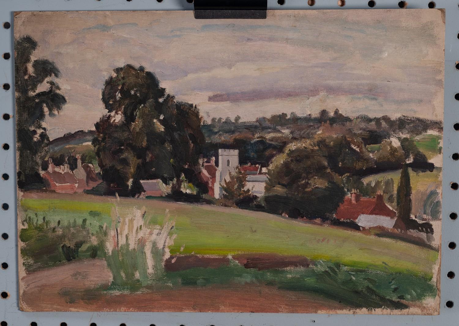 HARRY RUTHERFORD (1903 - 1983) OIL PAINTING ON ARTIST'S BOARD View of Mottram village and church - Image 2 of 2