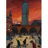 JAMES DOWNIE (b.1949) ACRYLIC ON CANVAS Whitworth Street Crossroads, Manchester Signed and dated
