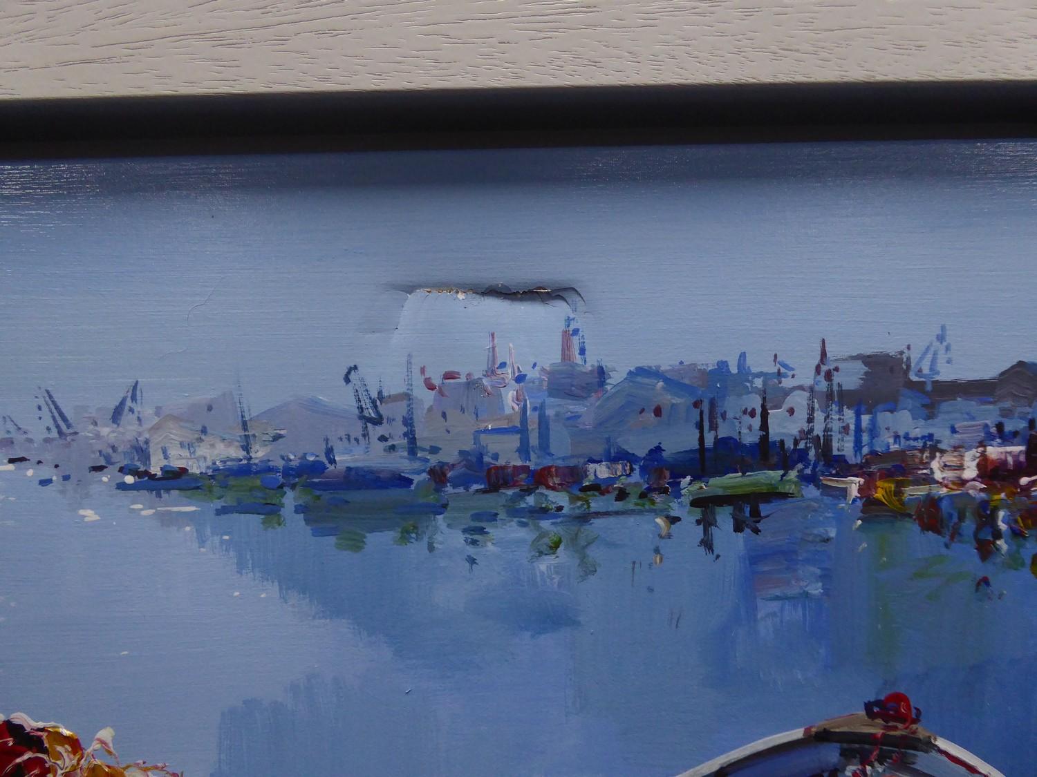 FRANCISCO SANTANA (MODERN) OIL ON CANVAS?Harbour Life VI? Signed, titled to gallery label verso - Image 3 of 3