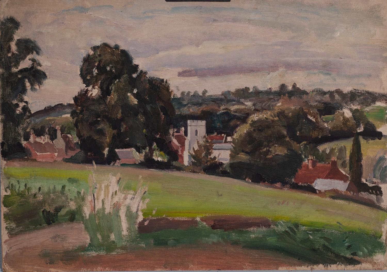 HARRY RUTHERFORD (1903 - 1983) OIL PAINTING ON ARTIST'S BOARD View of Mottram village and church