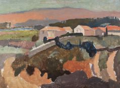 HARRY RUTHERFORD (1903 - 1985) OIL PAINTING ON BOARD Landscape with village, river and mountains