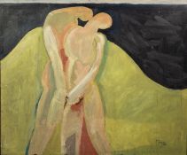 COLIN JELLICOE (1942-2018)OIL ON BOARD Semi- abstract- Naked lovers in a landscape Signed and