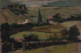HARRY RUTHERFORD (1903 - 1983) OIL PAINTING ON ARTIST'S BOARD Rural Landscape with church spire near