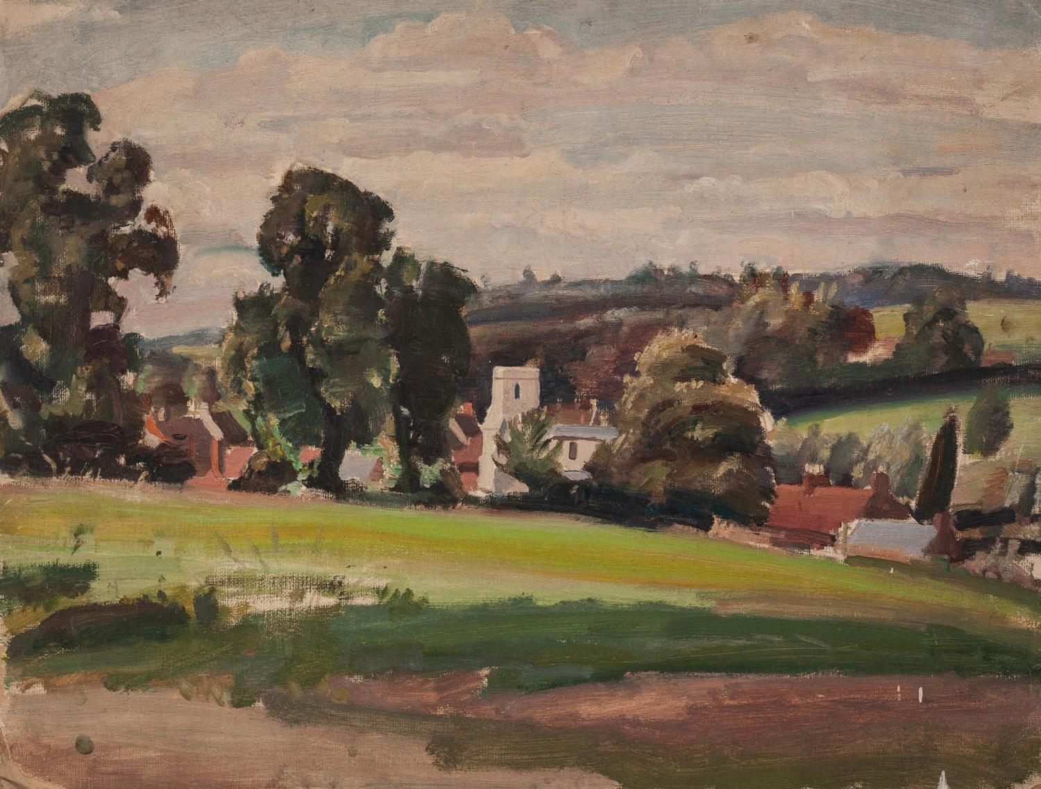 HARRY RUTHERFORD (1903 - 1983) OIL PAINTING ON DALER BOARD View of Mottram village and church 14in x