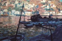 ROLF HARRIS (b.1930) ARTIST SIGNED LIMITED EDITION COLOUR PRINT 'Greek Fishing Village'