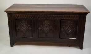 SEVENTEENTH CENTURY AND LATER COMPOSITE OAK CHEST, the oblong top above three panelled cupboard