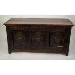 SEVENTEENTH CENTURY AND LATER COMPOSITE OAK CHEST, the oblong top above three panelled cupboard