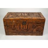 LARGE CHINESE CARVED CAMPHOR? WOOD CHEST with hinged lid, 4ft (121.9cm) wide