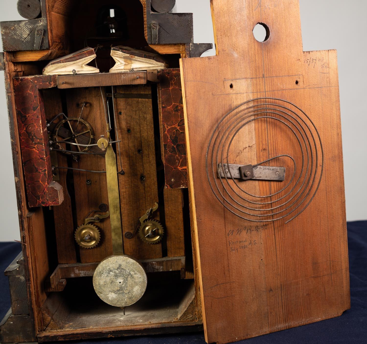 BEHA STYLE NINETEENTH CENTURY EBONISED AND INLAID CUCKOO MANTLE CLOCK WITH TWIN FUSEE MOVEMENT, - Image 5 of 5