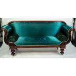 LARGE VICTORIAN MAHOGANY FRAMED SOFA covered in vibrant green fabric, the frame with plain rounded