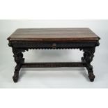 LATE 19th CENTURY FLEMISH CARVED AND DARK STAINED OAK WRITING TABLE, the moulded edge canted top