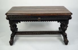 LATE 19th CENTURY FLEMISH CARVED AND DARK STAINED OAK WRITING TABLE, the moulded edge canted top