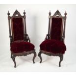 PAIR OF 19th CENTURY FRENCH DARKLY PATINATED CARVED WALNUT HIGH-BACK SALON CHAIRS, impressed '