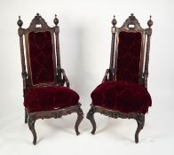 PAIR OF 19th CENTURY FRENCH DARKLY PATINATED CARVED WALNUT HIGH-BACK SALON CHAIRS, impressed '