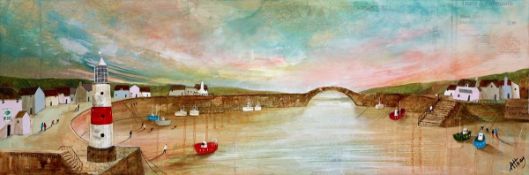 KEITH ATHAY (MODERN)MIXED MEDIA ON BOX CANVAS?Harbour Sunset? Signed 12? x 35? (30.5cm x 89cm)