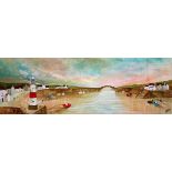 KEITH ATHAY (MODERN)MIXED MEDIA ON BOX CANVAS?Harbour Sunset? Signed 12? x 35? (30.5cm x 89cm)